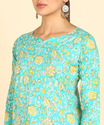  floral print cotton blend straight kurti green 5