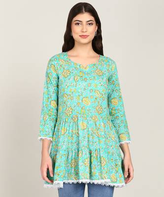  floral layered printed cotton empire top green 1