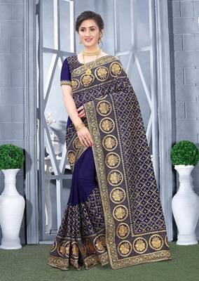 Desginer navy blue zari stone embroidery silk saree 1