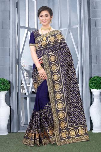 Desginer navy blue zari stone embroidery silk saree