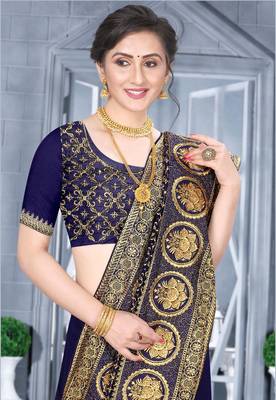Desginer navy blue zari stone embroidery silk saree 2