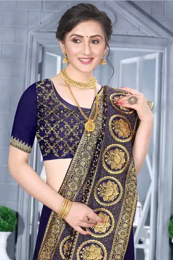 Desginer navy blue zari stone embroidery silk saree