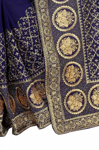 Desginer navy blue zari stone embroidery silk saree