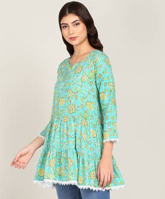  floral layered printed cotton empire top green 2