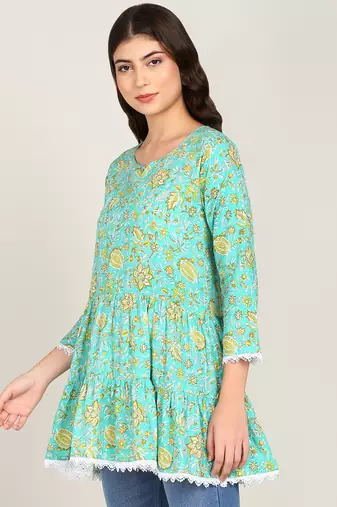  floral layered printed cotton empire top green
