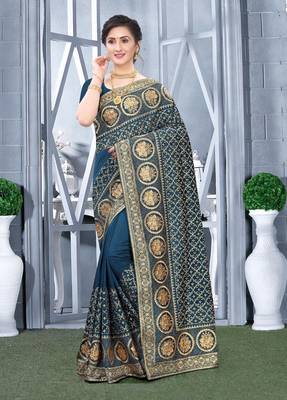 Desginer teal blue zari stone embroidery silk saree 1