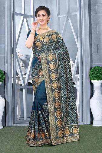 Desginer teal blue zari stone embroidery silk saree
