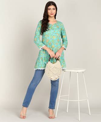  floral layered printed cotton empire top green 3