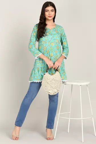  floral layered printed cotton empire top green
