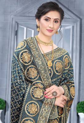 Desginer teal blue zari stone embroidery silk saree 2