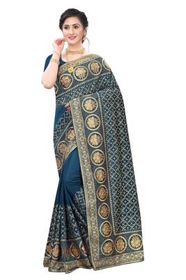 Desginer teal blue zari stone embroidery silk saree 4