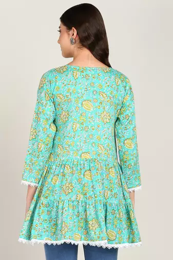  floral layered printed cotton empire top green