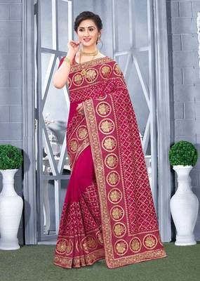 Desginer magenta zari stone embroidery silk saree 1