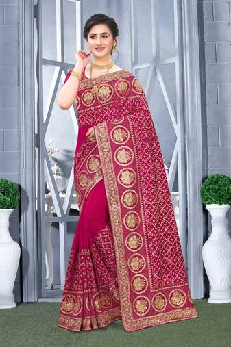 Desginer magenta zari stone embroidery silk saree