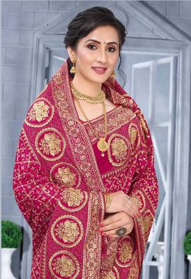 Desginer magenta zari stone embroidery silk saree 2