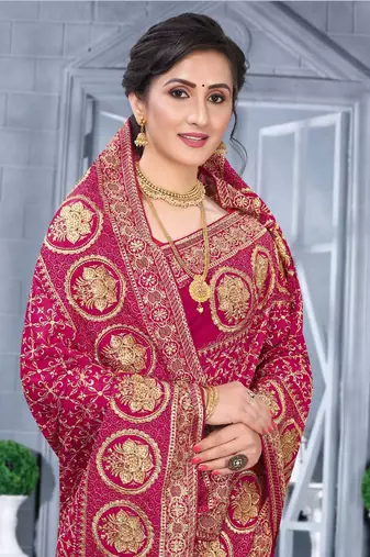 Desginer magenta zari stone embroidery silk saree