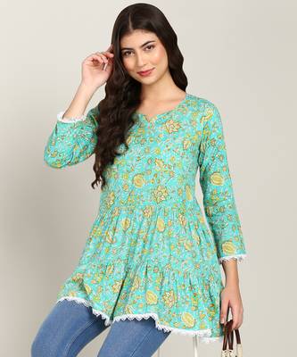  floral layered printed cotton empire top green 5