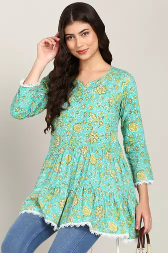  floral layered printed cotton empire top green