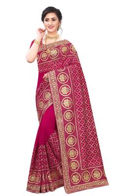 Desginer magenta zari stone embroidery silk saree 4