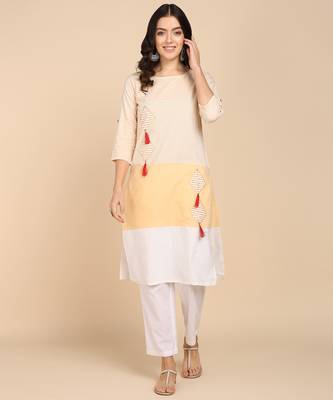 Vahson women colorblock cotton blend straight kurta yellow 1