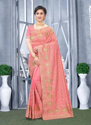 Desginer peach zari stone embroidery silk saree 1
