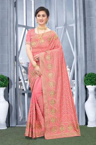Desginer peach zari stone embroidery silk saree