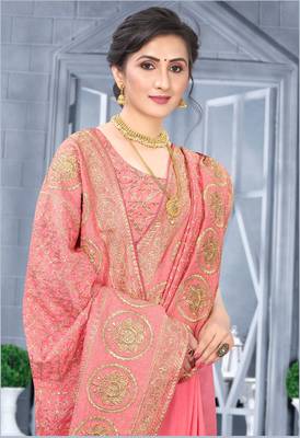 Desginer peach zari stone embroidery silk saree 2