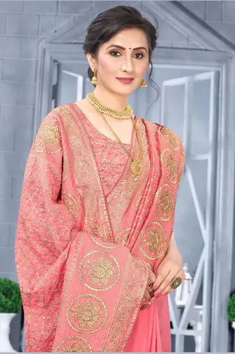 Desginer peach zari stone embroidery silk saree