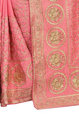 Desginer peach zari stone embroidery silk saree 3