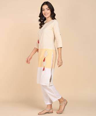 Vahson women colorblock cotton blend straight kurta yellow 2