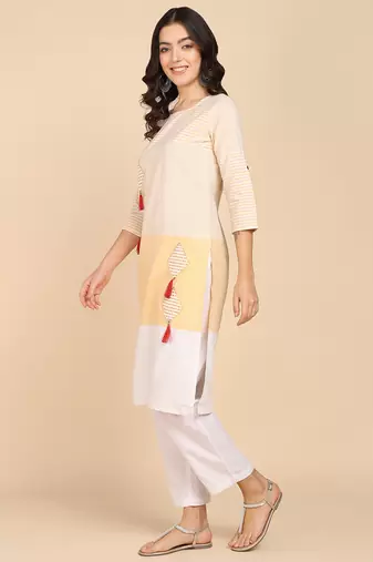 Vahson women colorblock cotton blend straight kurta yellow