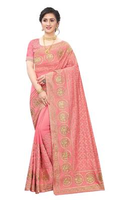 Desginer peach zari stone embroidery silk saree 4