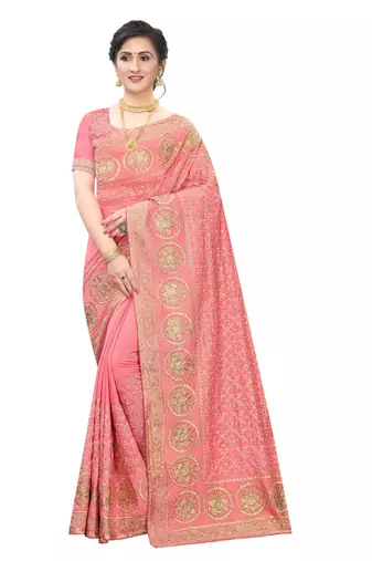 Desginer peach zari stone embroidery silk saree