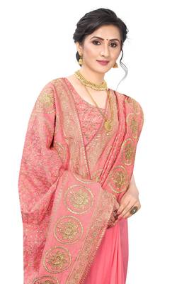 Desginer peach zari stone embroidery silk saree 5
