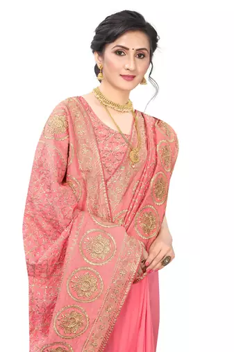 Desginer peach zari stone embroidery silk saree