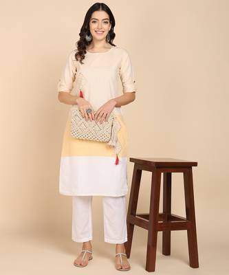 Vahson women colorblock cotton blend straight kurta yellow 3