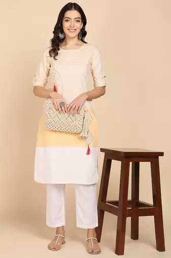 Vahson women colorblock cotton blend straight kurta yellow