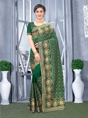 Desginer bottle green zari stone embroidery silk saree 1