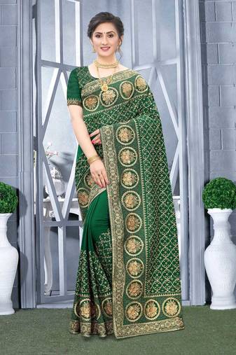 Desginer bottle green zari stone embroidery silk saree