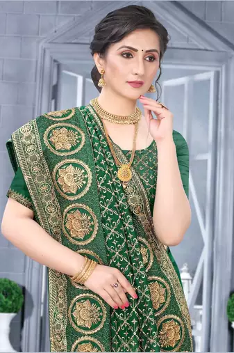 Desginer bottle green zari stone embroidery silk saree