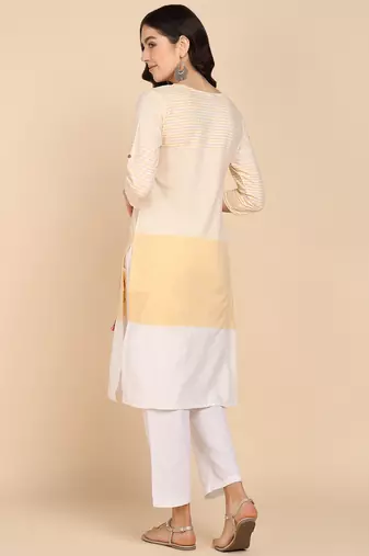 Vahson women colorblock cotton blend straight kurta yellow
