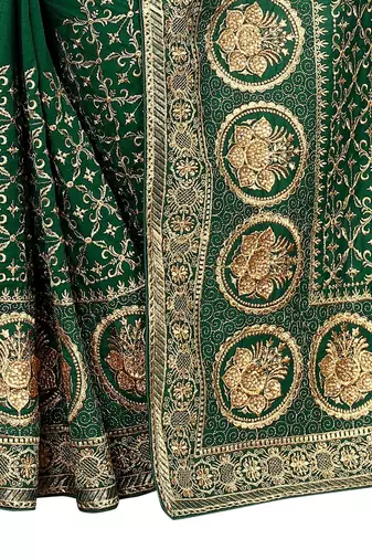 Desginer bottle green zari stone embroidery silk saree