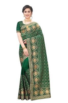 Desginer bottle green zari stone embroidery silk saree 4