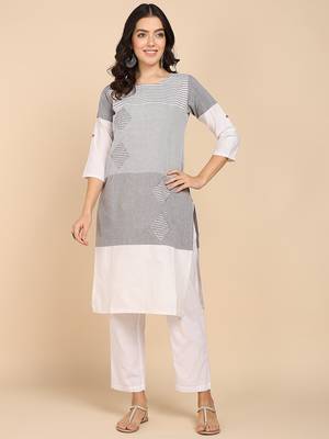 Vahson women colorblock cotton blend straight kurta grey 1