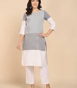 Vahson  women colorblock cotton blend straight kurta grey