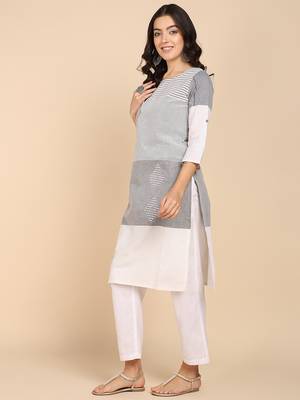 Vahson women colorblock cotton blend straight kurta grey 2