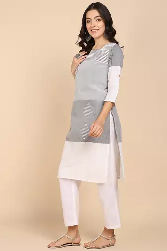 Vahson women colorblock cotton blend straight kurta grey