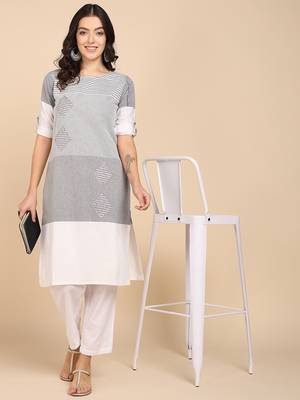 Vahson women colorblock cotton blend straight kurta grey 3