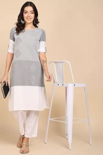 Vahson women colorblock cotton blend straight kurta grey
