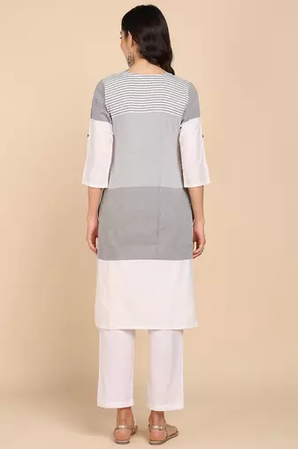 Vahson women colorblock cotton blend straight kurta grey